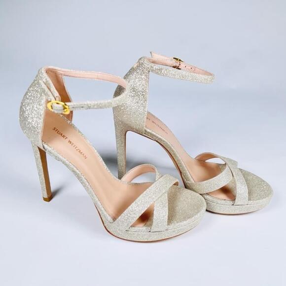 NEW! Stuart Weitzman Silver Glitter Heel Platforms Size 7